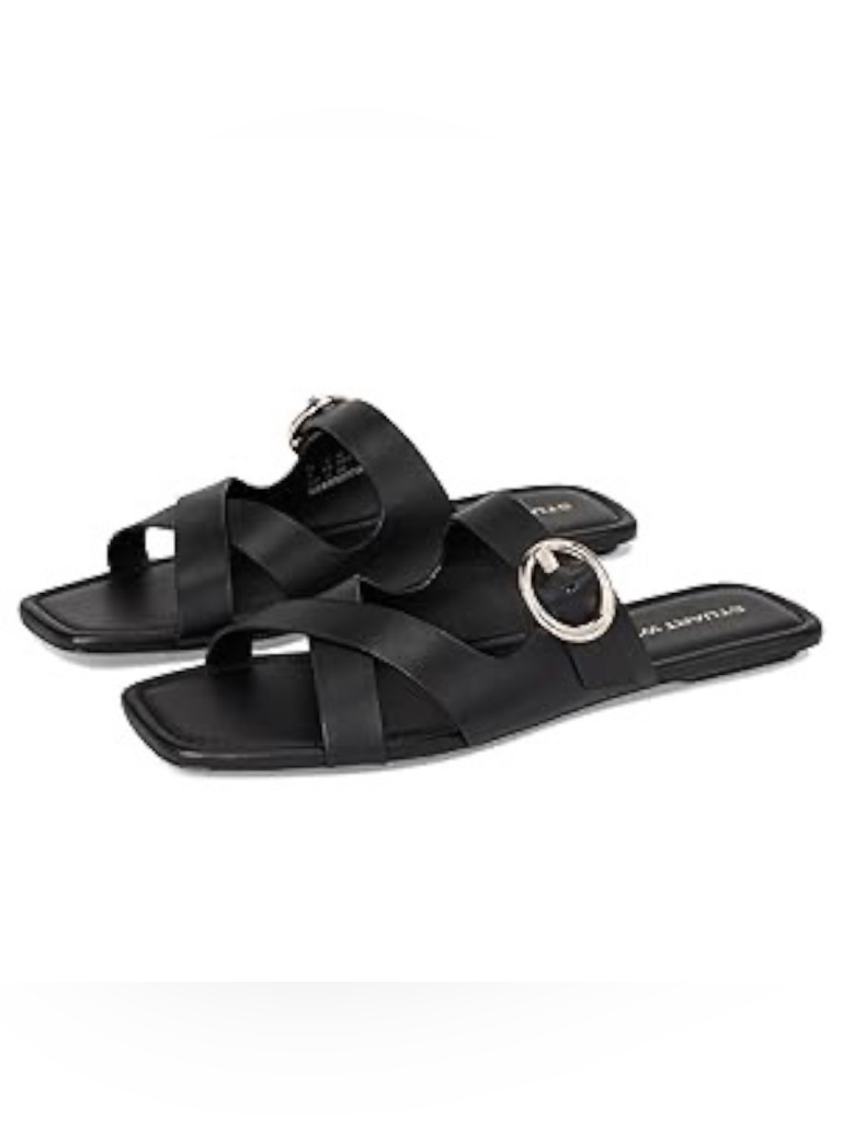 Stuart Weitzman Black Leather Slide Sandals With Silver Ring Accent